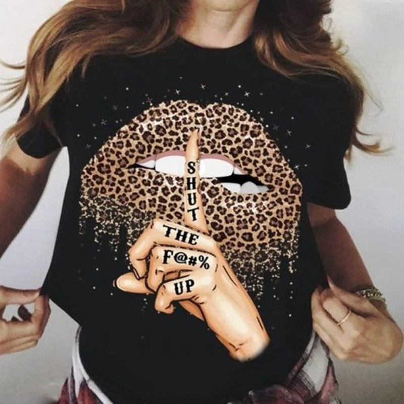 Leopard Lip Shut Up Print T Shirt Women Short Sleeve O Neck Loose Tshirt Summer Women Tee Shirt Tops Camisetas Mujer